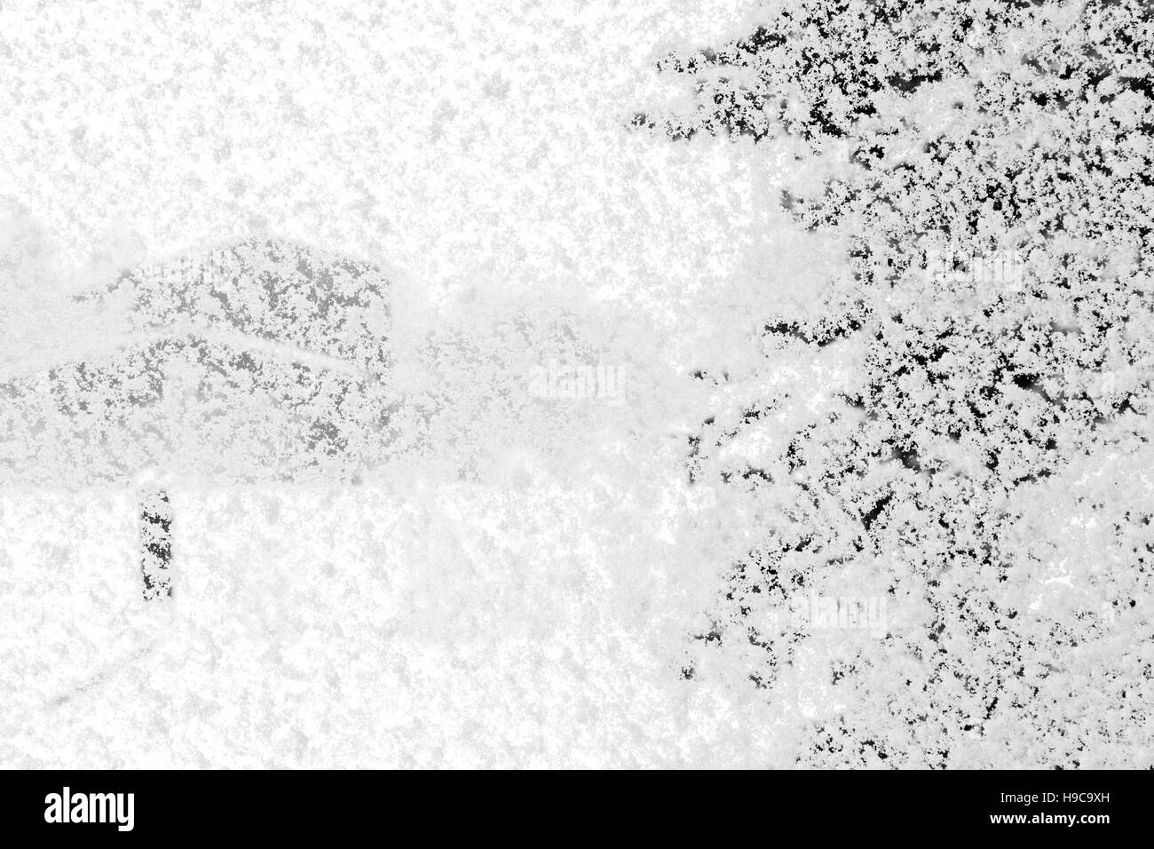 La fenêtre de neige après une nuit blizzard. Daybreak loin au nord à proximité du cercle arctique. Arbres et bâtiments en arrière-plan. P.c. Banque D'Images