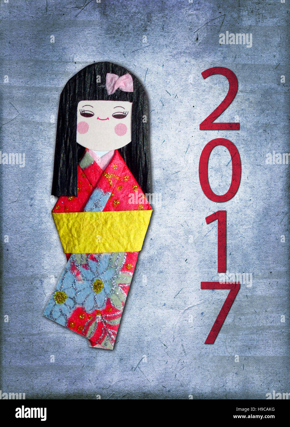 2017 La poupée de papier japonais kokeshi (carte de souhaits) Banque D'Images