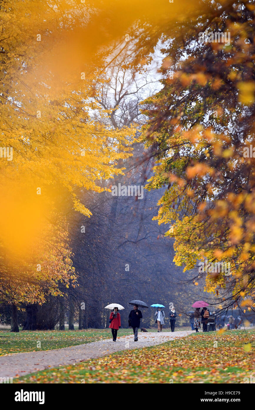 Les marcheurs à Hyde Park, Londres brave la pluie que Storm Angus continue de balayer l'ensemble du Royaume-Uni. Banque D'Images