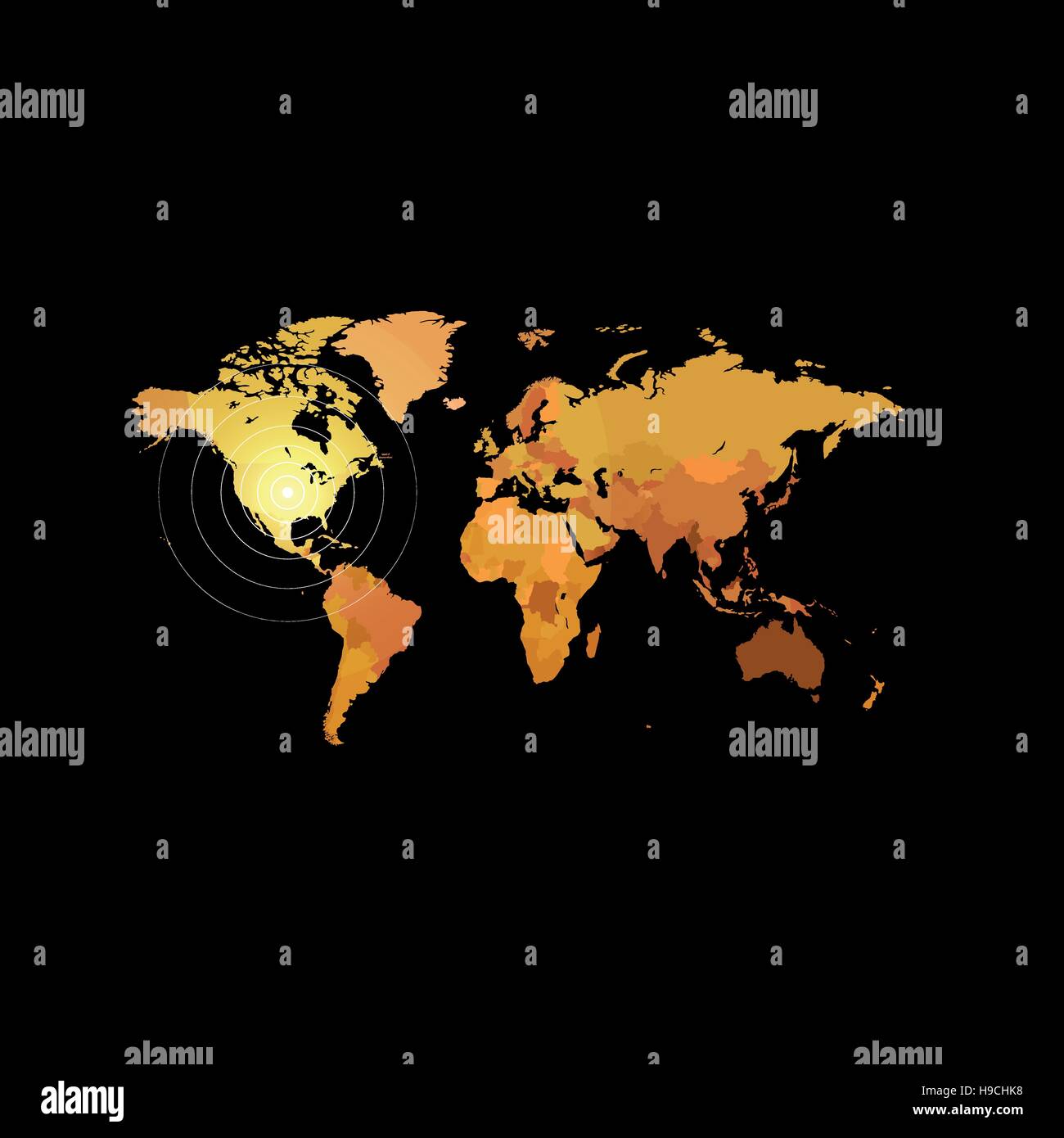 Carte du monde de couleur orange sur fond noir. Globe design toile de fond. L'élément de la cartographie papier peint. L'emplacement géographique de l'image. Illustration vecteur de continents. Illustration de Vecteur