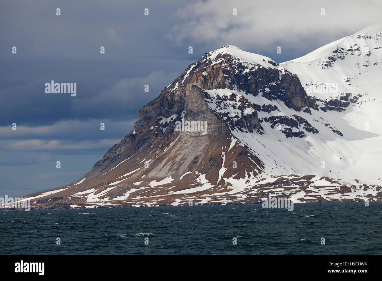 Alkhornet, roches carbonatées métamorphisées et colonie d'oiseaux de mer dans la région de Isfjorden, Spitzberg Svalbard / Banque D'Images