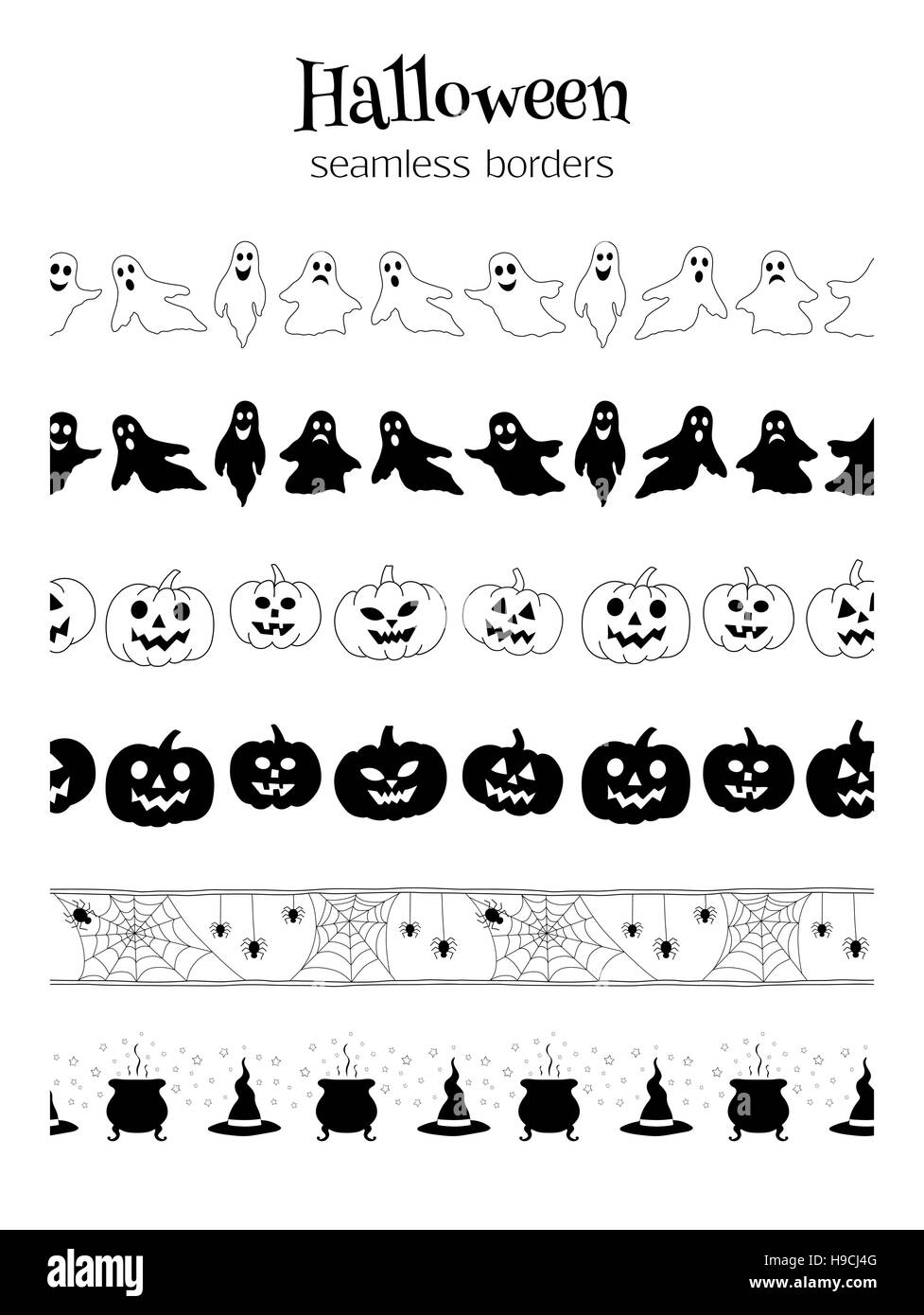 Ensemble de frontières vectoriel continu pour l'Halloween. Peut être utilisé comme modèle de pinceaux. Illustration de Vecteur