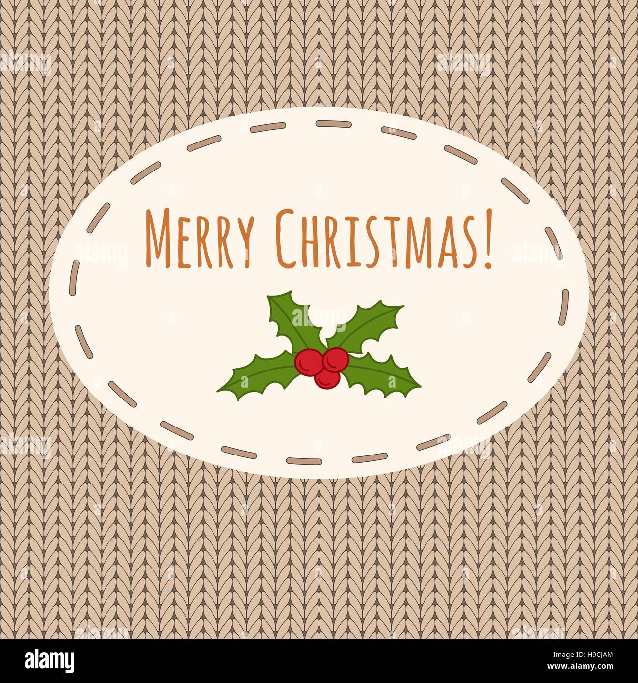 "Joyeux Noël !" et message d'Holly sur un fond en tricot. Noël saison conception d'un flyer, une invitation à une fête ou une carte de vœux. Illustration de Vecteur