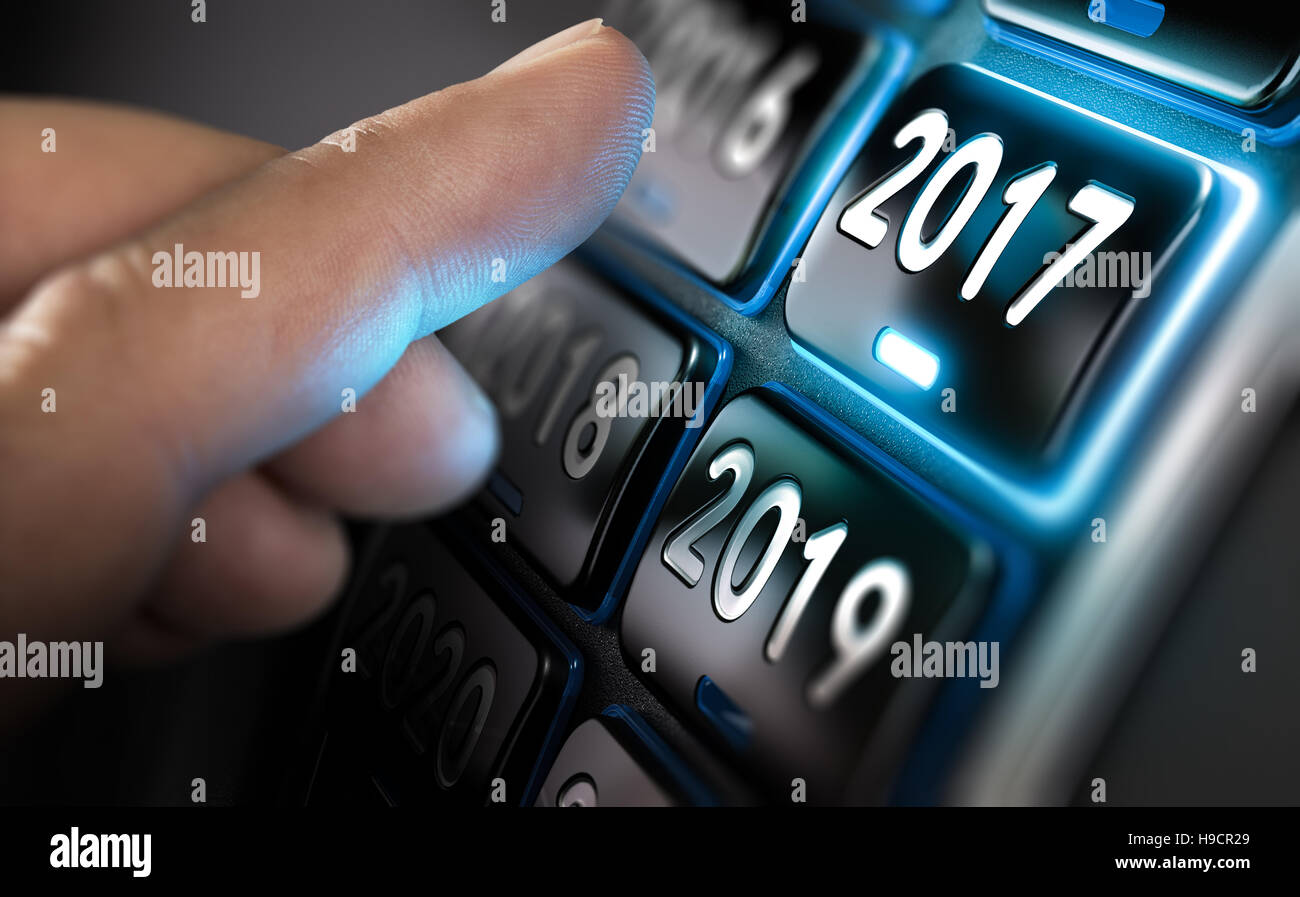 Doigt sur le point de changer pour l'année 2017 en appuyant sur un bouton. Entre une image composite et un arrière-plan 3D Banque D'Images