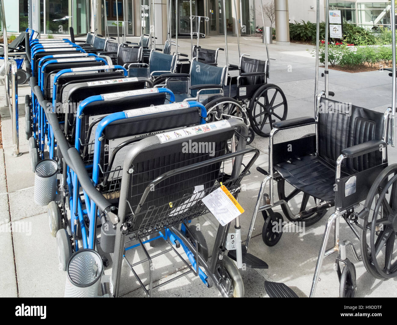 Un groupe organisé de fauteuils roulants est disponible pour les patients à une organisation médicale de la santé (HMO) hôpital à Irvine, CA. Banque D'Images