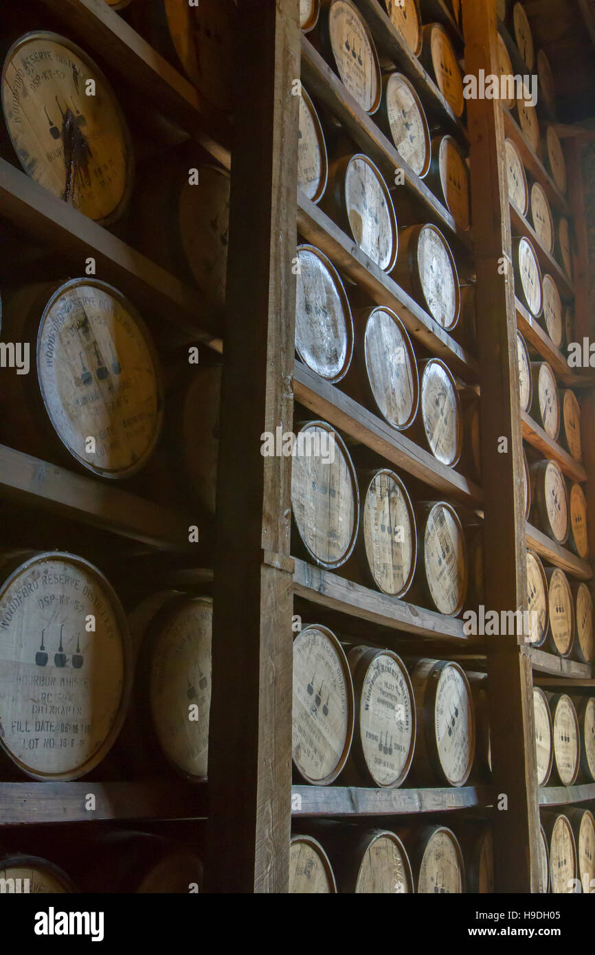 Versailles, KY, USA - 19 octobre 2016 : Woodford Reserve Bourbon Distillerie Rik chambre avec des rangées de vieillissement en fûts de chêne. Banque D'Images