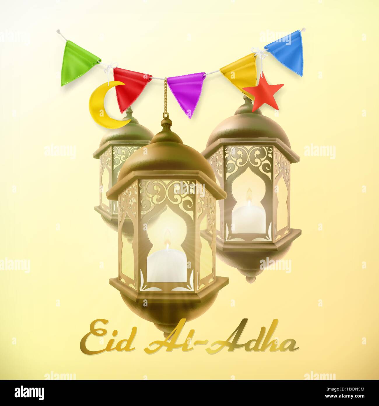 Fête musulmane Eid Al-Adha. Carte de souhaits avec lampe. La culture islamique. Vector background Illustration de Vecteur