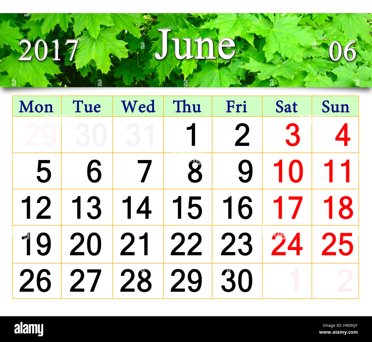 Calendrier de juin 2017 sur l'arrière-plan de feuilles de l'érable. Calendrier pour l'impression et utilisation dans la vie de bureau. Banque D'Images