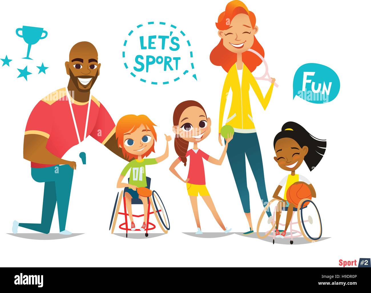 Sports famille. Les enfants handicapés en fauteuil roulant à jouer au ballon et de s'amuser avec leur ami. L'encadrement des jeunes sportifs handicapés. Réadaptation médicale Illustration de Vecteur