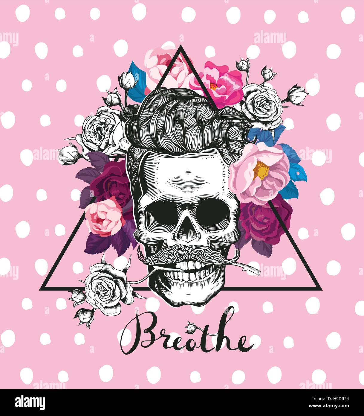 L'illustration de mode représentant le crâne. Crâne avec la rose dans ses dents. Floral background de tendances. Pourrait être utilisé pour T-shirt print, cartes, mode Illustration de Vecteur