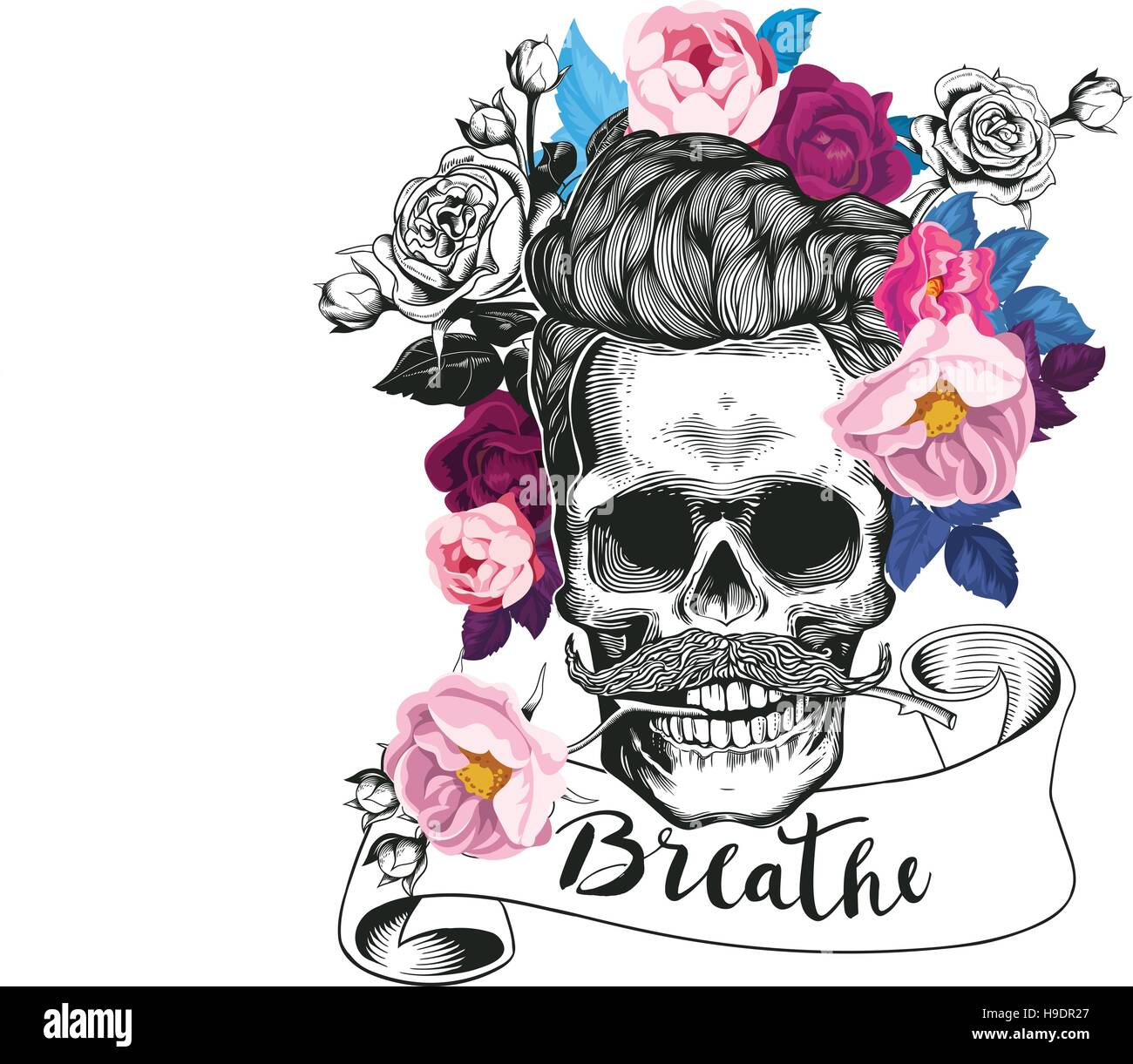 L'illustration de mode représentant le crâne. Crâne avec la rose dans ses dents. Floral background de tendances. Pourrait être utilisé pour T-shirt print, cartes, mode ba Illustration de Vecteur