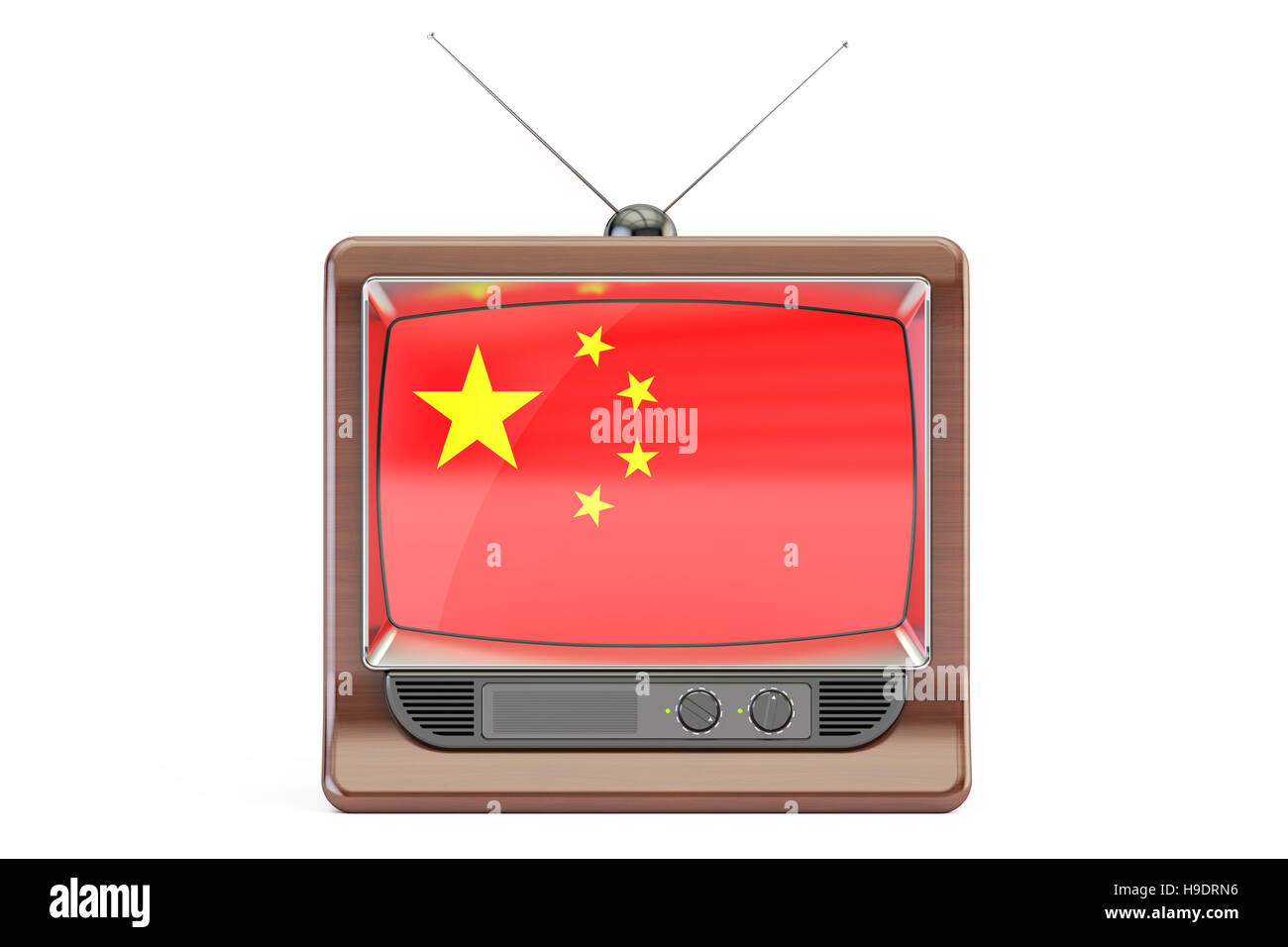 Plat avec drapeau de la Chine. Concept de télévision chinoise, rendu 3D isolé sur fond blanc Banque D'Images Plat avec drapeau de la Chine. Concept de télévision chinoise, rendu 3D isolé sur fond blanc Banque D'Images