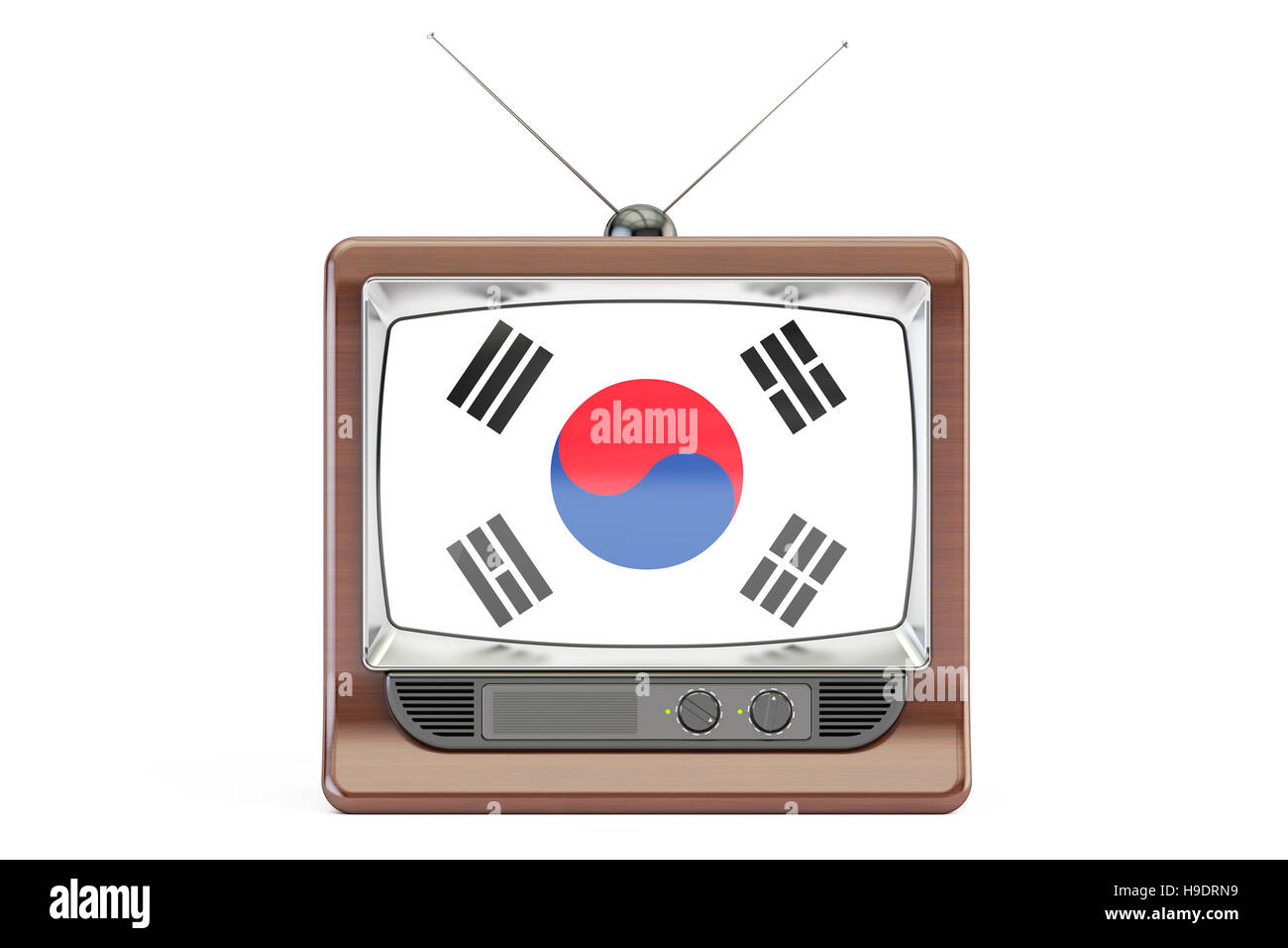 Plat avec le drapeau de la Corée du Sud. Concept de télévision, rendu 3D isolé sur fond blanc Banque D'Images Plat avec le drapeau de la Corée du Sud. Concept de télévision, rendu 3D isolé sur fond blanc Banque D'Images