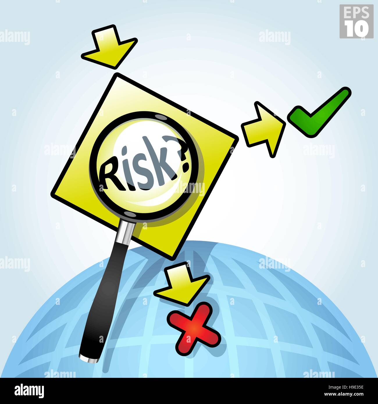 Droit mondial ou de mauvais choix, comprend une loupe soulignant le risque et oui ou pas d'options Illustration de Vecteur