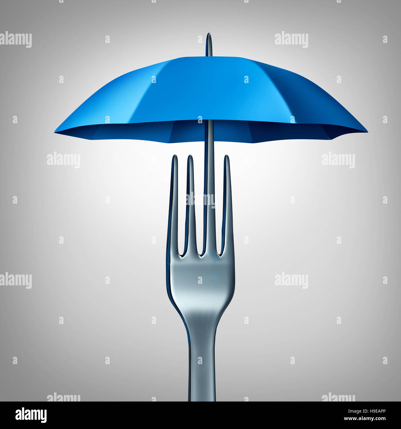 La protection des aliments et la sécurité alimentaire comme un symbole en forme de fourche avec un parapluie comme une fraîcheur et d'hygiène ou de prévention de contamination comme une icône 3D illustr Banque D'Images