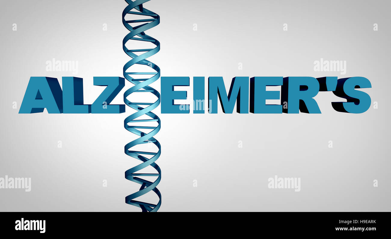 La maladie d'Alzheimer et de la génétique comme du texte avec une double hélice d'ADN en tant que volet de la santé mentale et neurologique de la démence de la thérapie génétique médicale un Banque D'Images