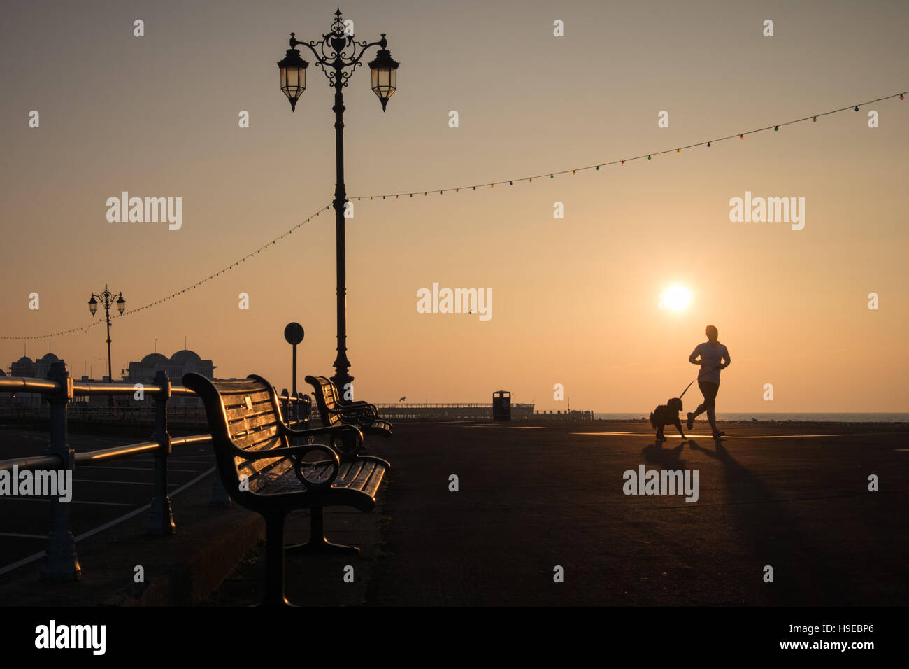 Une femme en marche avec son chien le long de la promenade à Southsea, Portsmouth. Banque D'Images