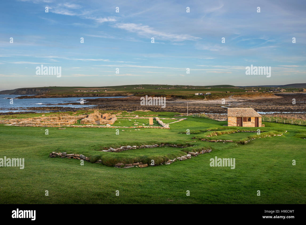 Pictish et la colonisation scandinave reste sur la Brough de Birsay, une île au large de la marée ne continent Orcades, Ecosse, Royaume-Uni Banque D'Images