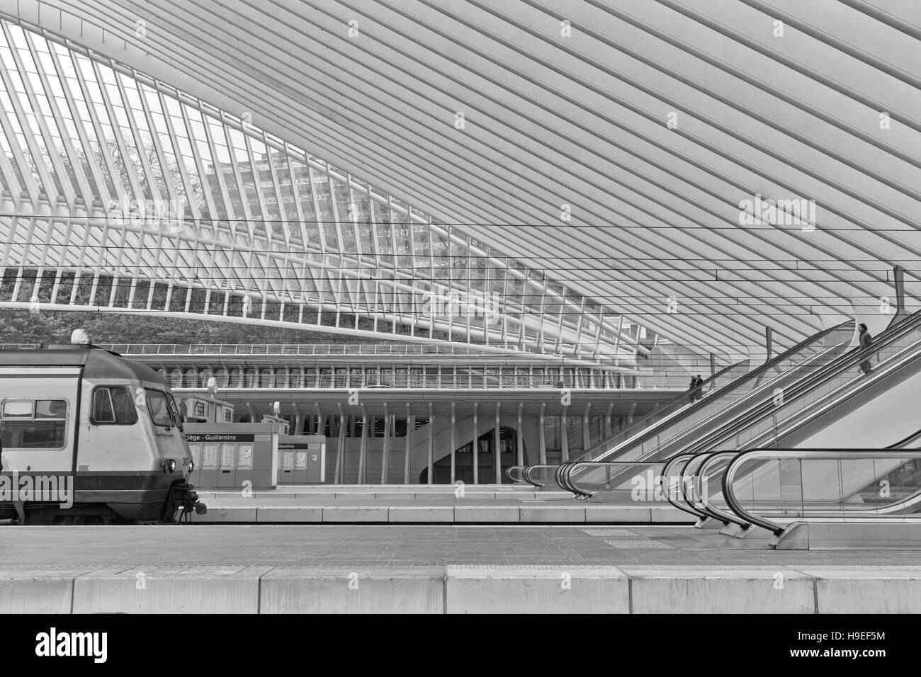 Liège, Belgique - Décembre 2014 : vue sur les escaliers mécaniques dans la gare de Liège-Guillemins, conçue par Santiago Calatrava. Photographie noir et blanc Banque D'Images