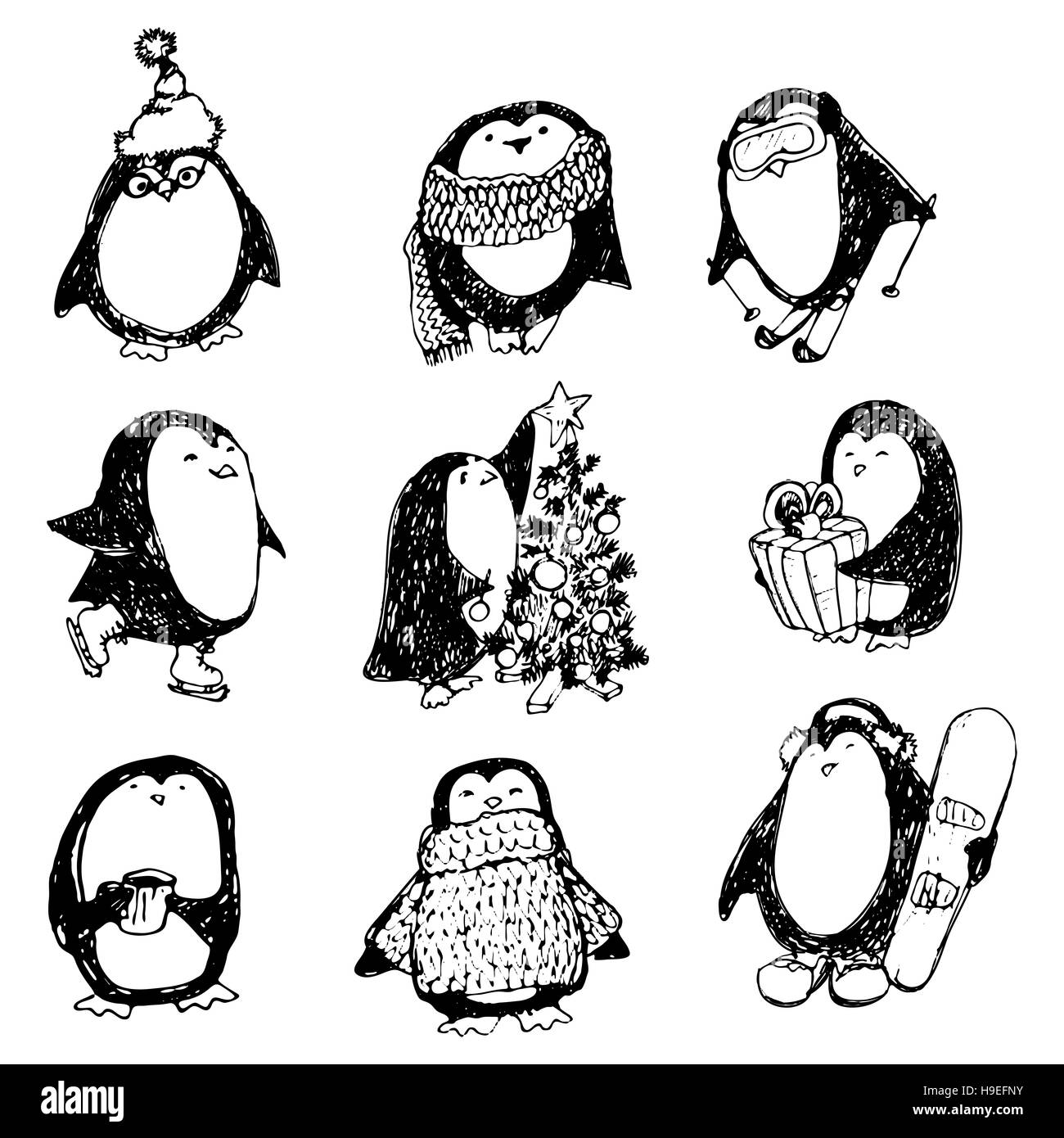 Pingouins dessinés à la main, mignon ensemble. Joyeux Noël bonjour Banque D'Images