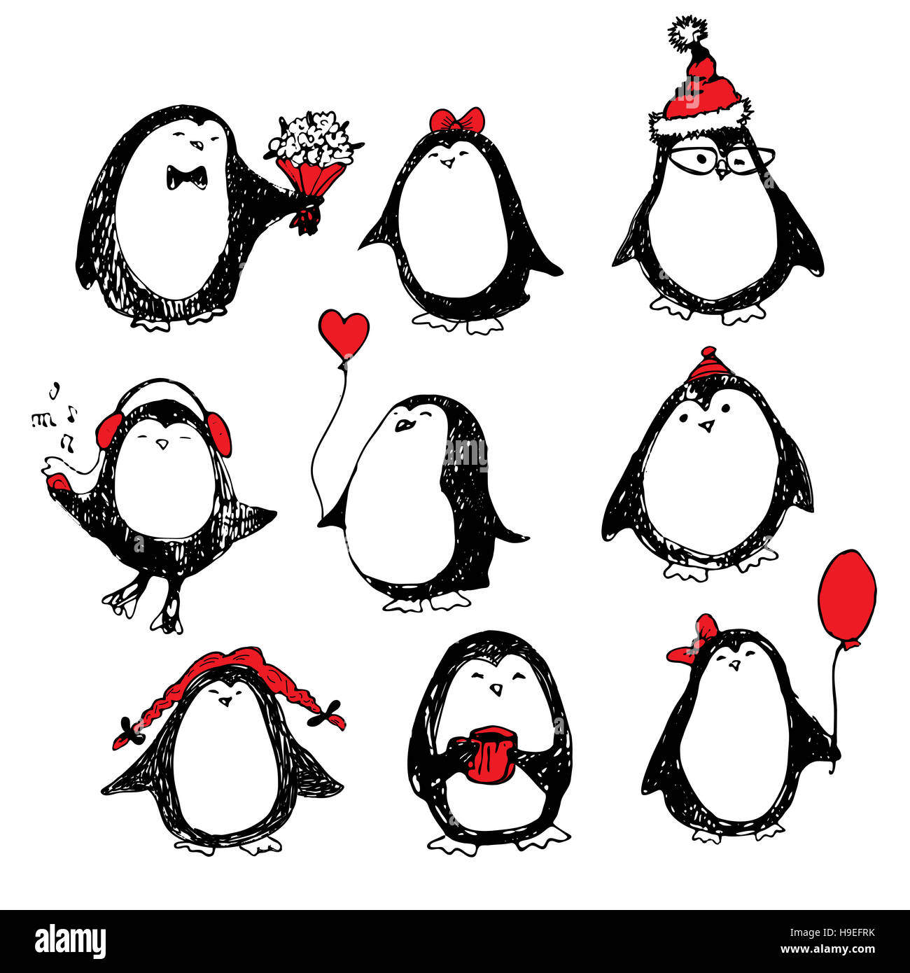 Pingouins dessinés à la main, mignon ensemble. Joyeux Noël bonjour Banque D'Images