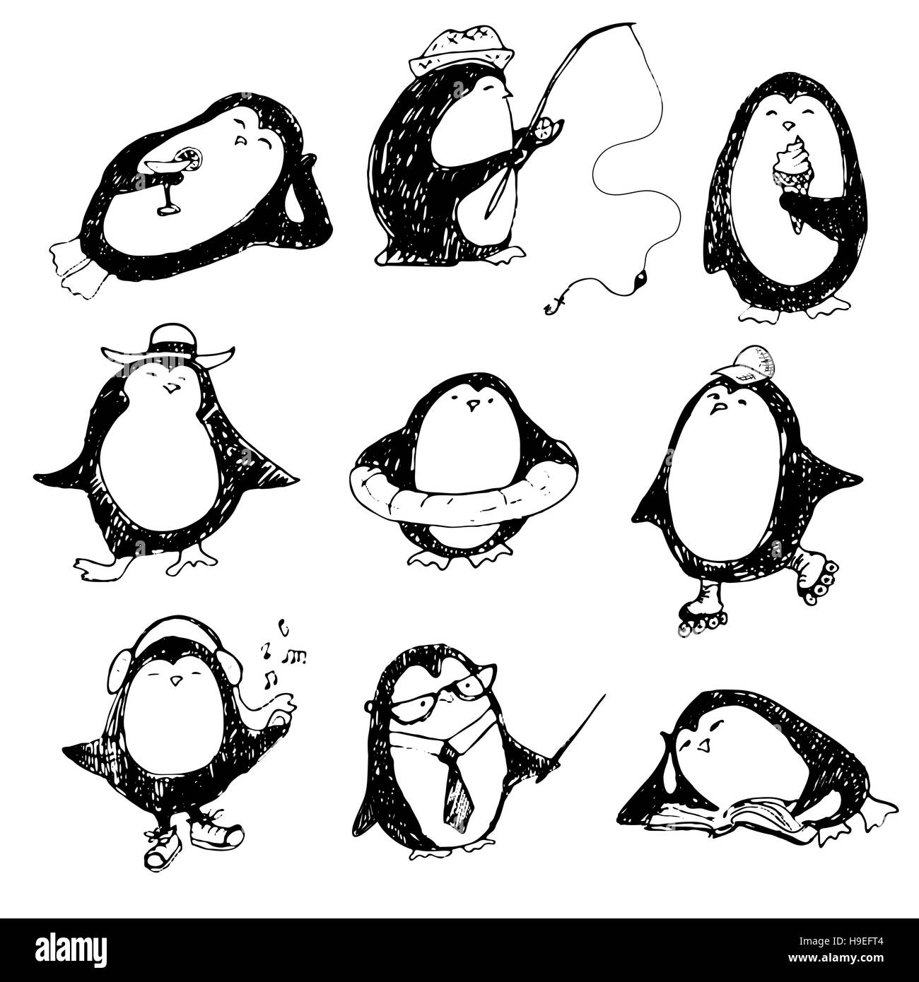 Pingouins dessinés à la main, mignon ensemble. Joyeux Noël bonjour Banque D'Images