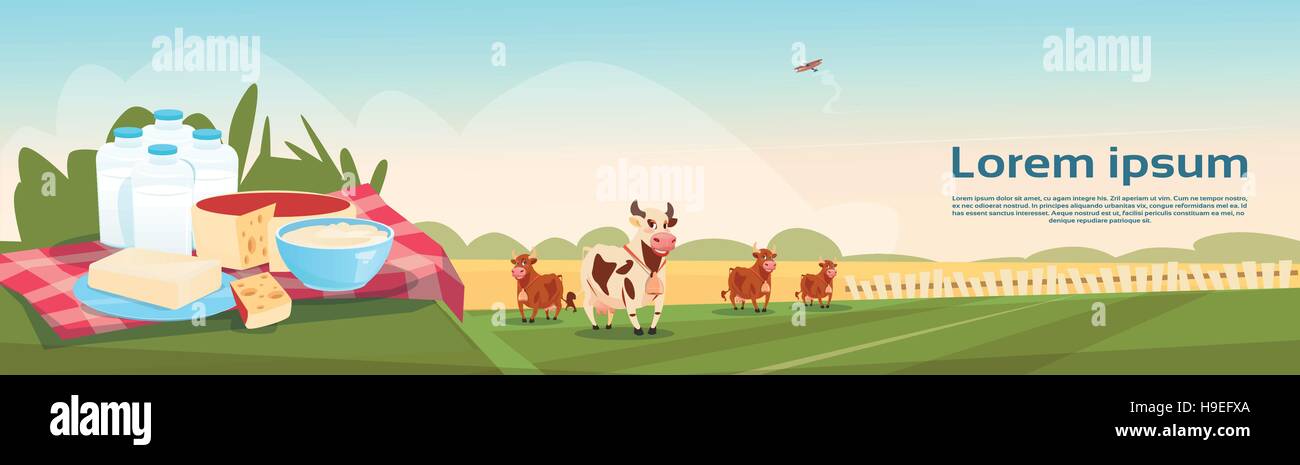 Produits laitiers Lait frais de vache Agriculture Eco Banner Illustration de Vecteur