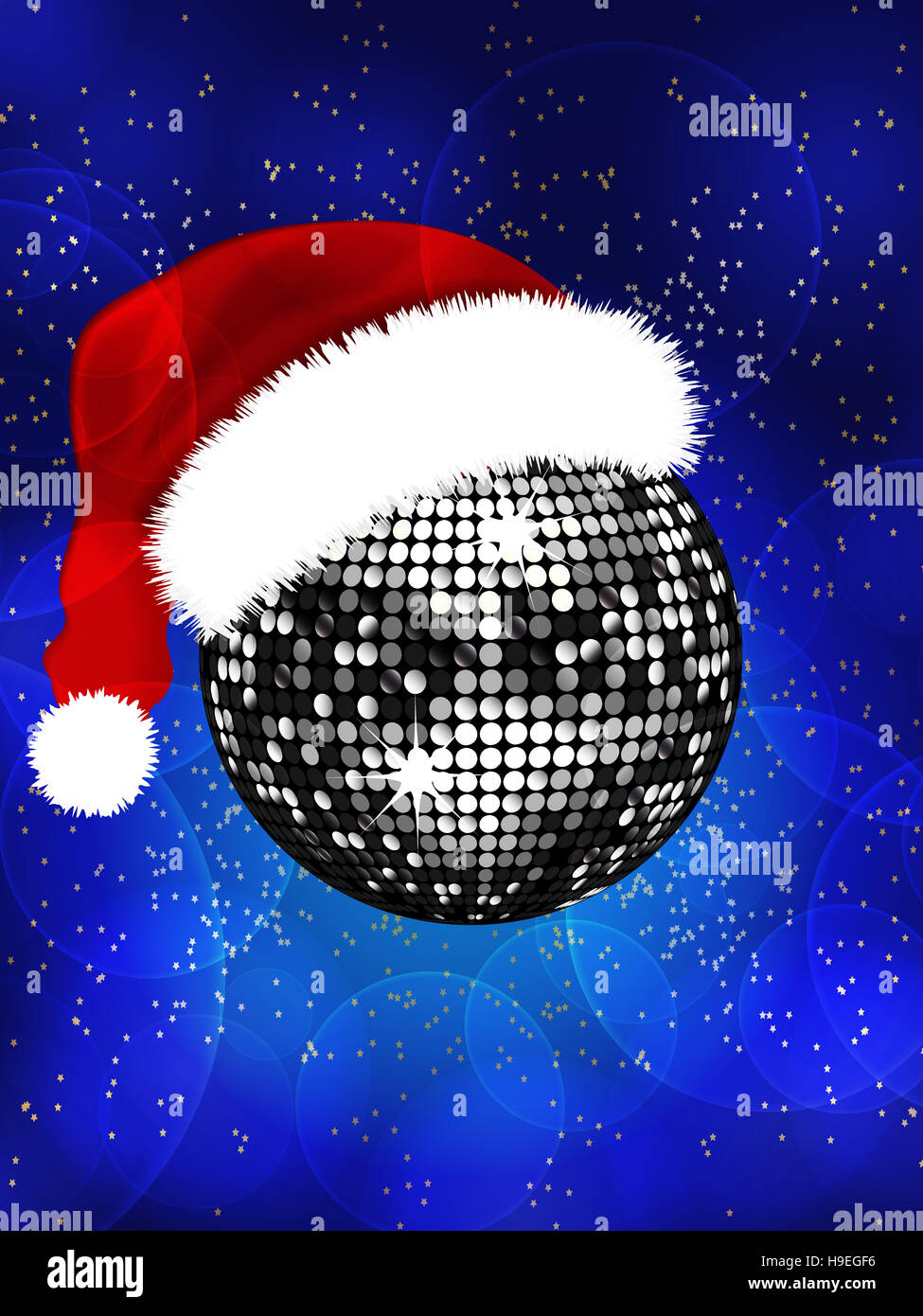 Santa Hat sur argent boule disco bleu sur fond de fête avec des étoiles brillantes Banque D'Images