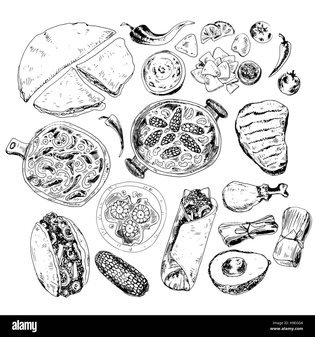 Collection graphique dessiné à la main avec la nourriture mexicaine illustrations.. Burrito, taco et d'autres aliments traditionnels mexicains dans un style croquis Banque D'Images