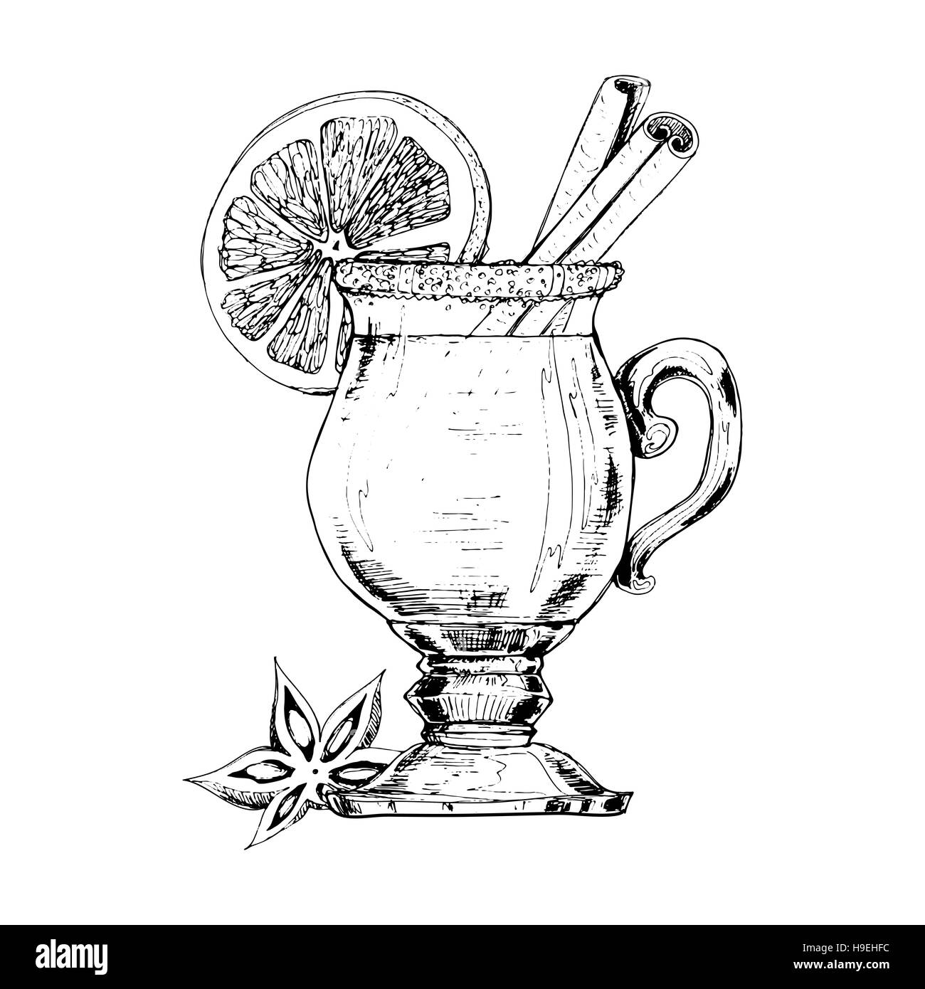Set de vin chaud, fruits et épices, illustrations faites à la main Banque D'Images