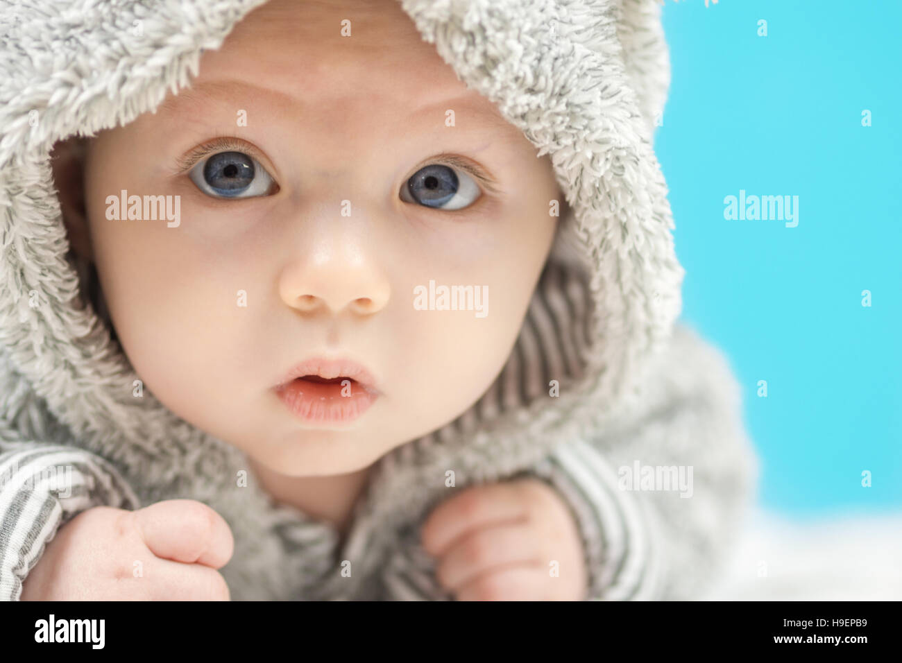 Gros Plan Du Beau Bébé Heureux Aux Yeux Bleus Dans Lours