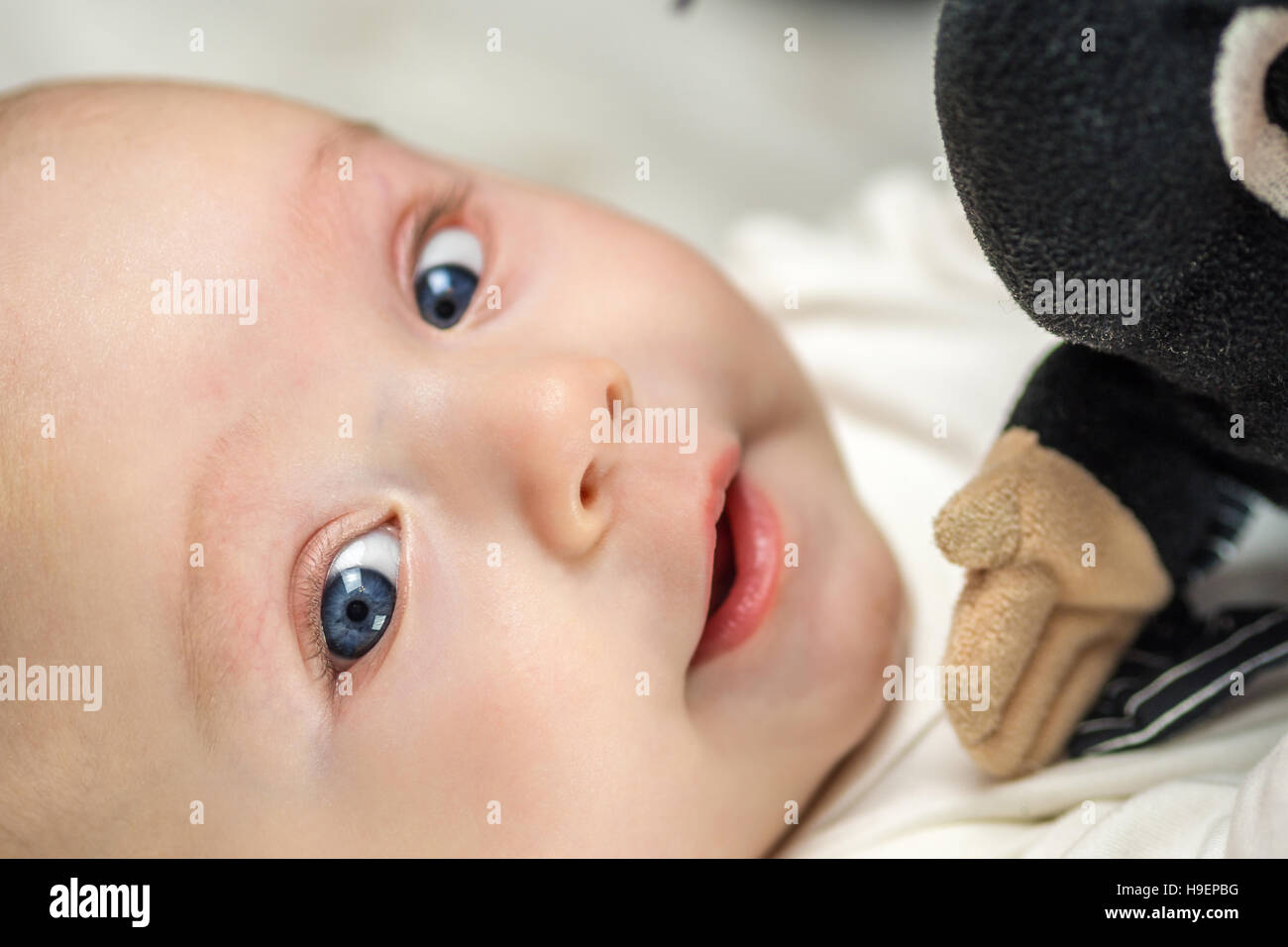 Gros Plan Du Beau Bebe Heureux De Jouer Avec Un Jouet Aux Yeux Bleus Sur Fond Noir Photo Stock Alamy