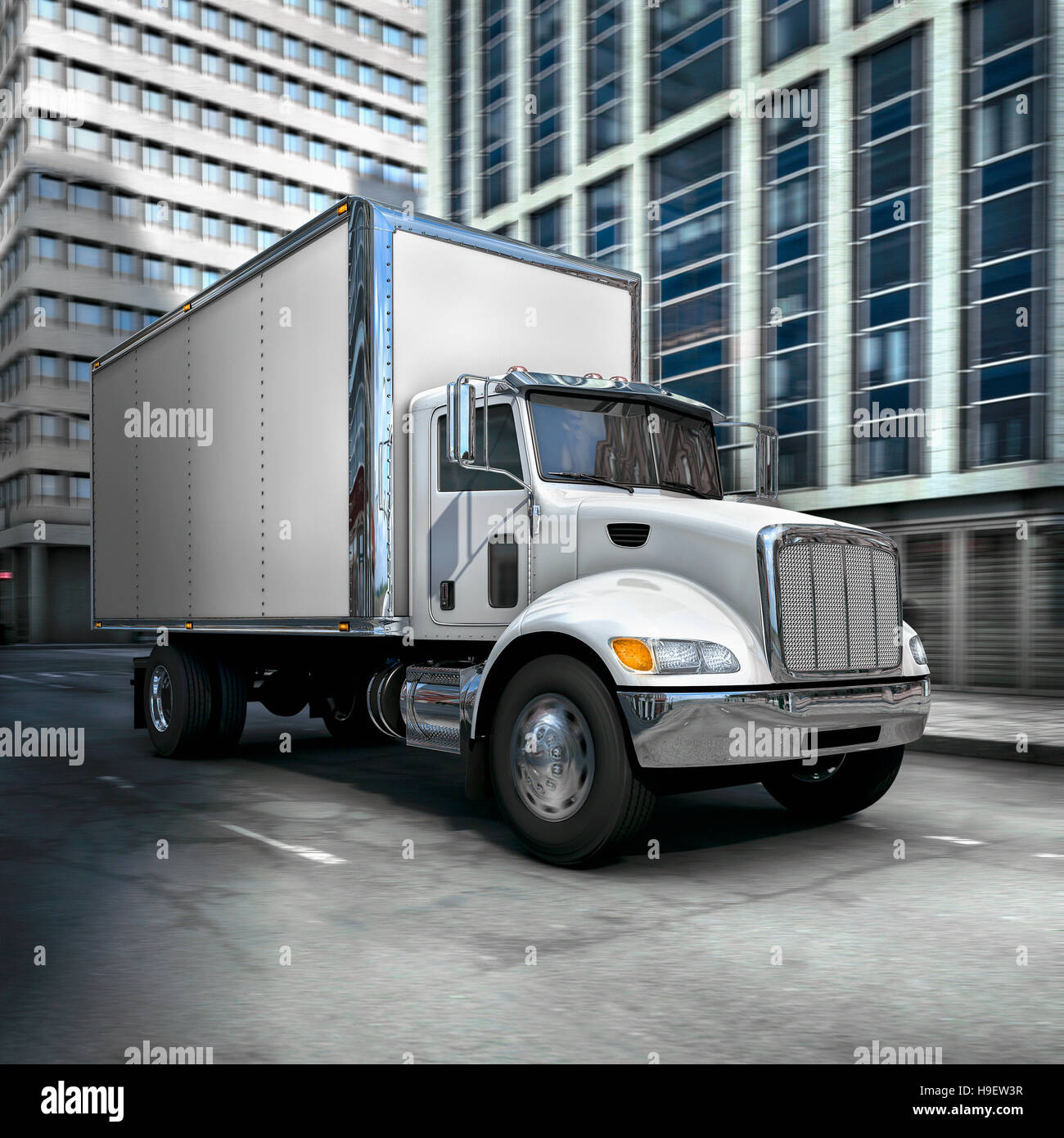 Conduite de camion de livraison brillant en ville Banque D'Images