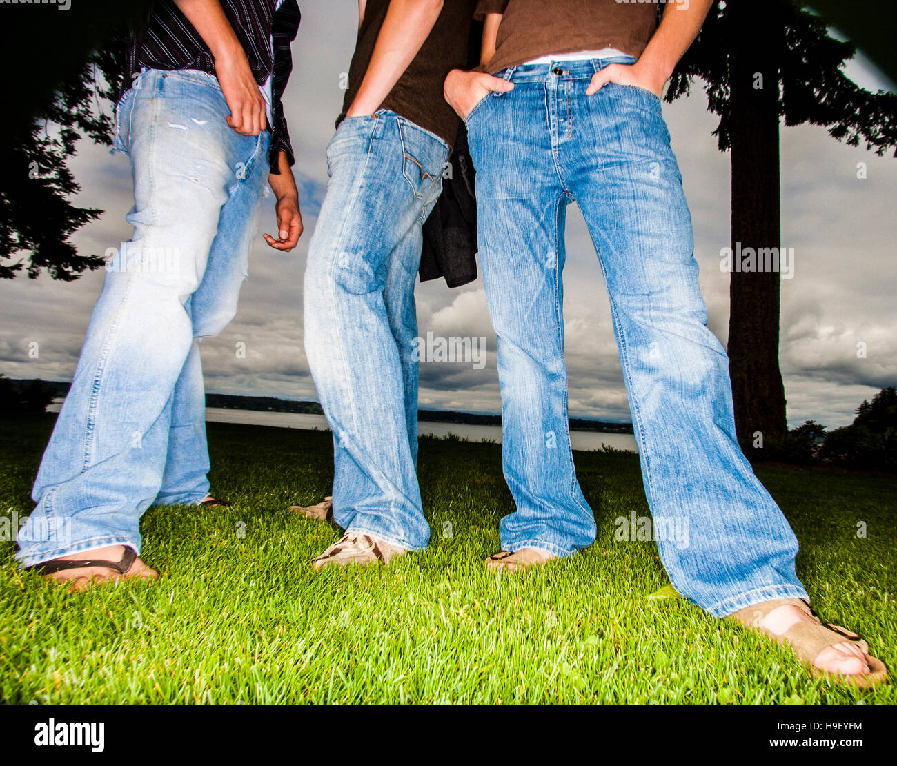 Les jambes d'amis portant des jeans dans l'herbe Banque D'Images