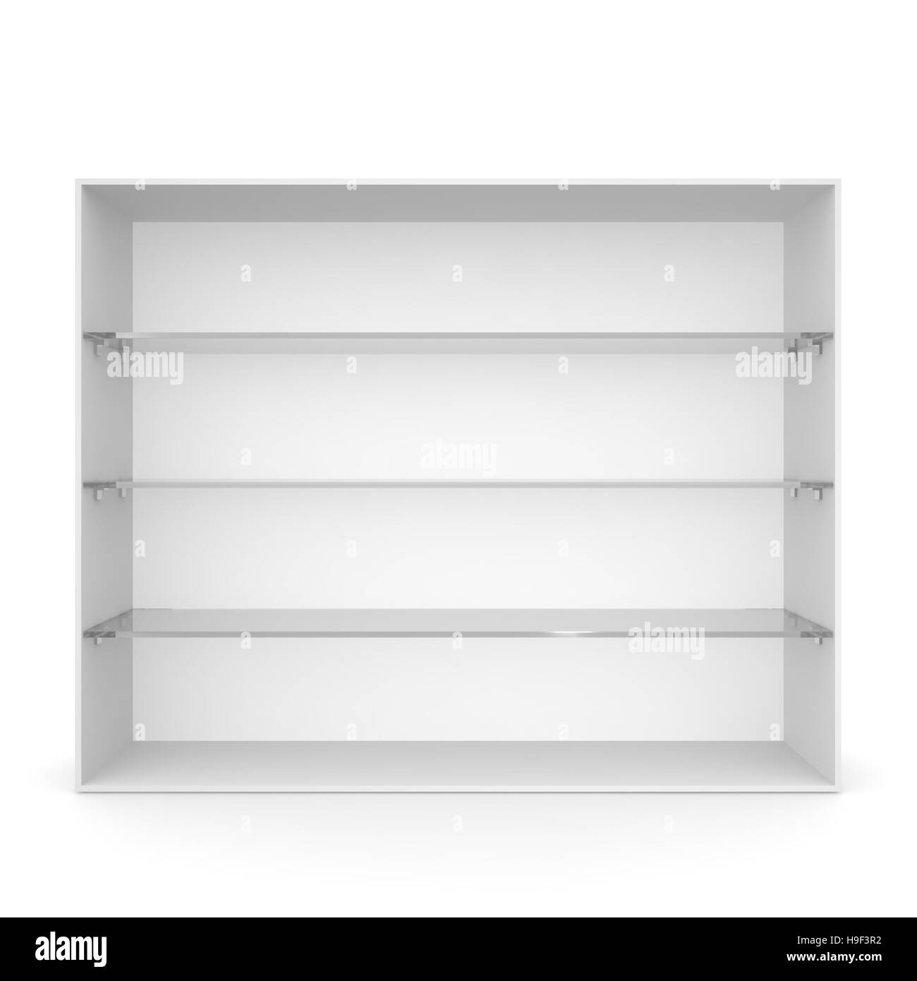 Vitrine blanc vide avec étagères en verre. Le rendu 3D Banque D'Images