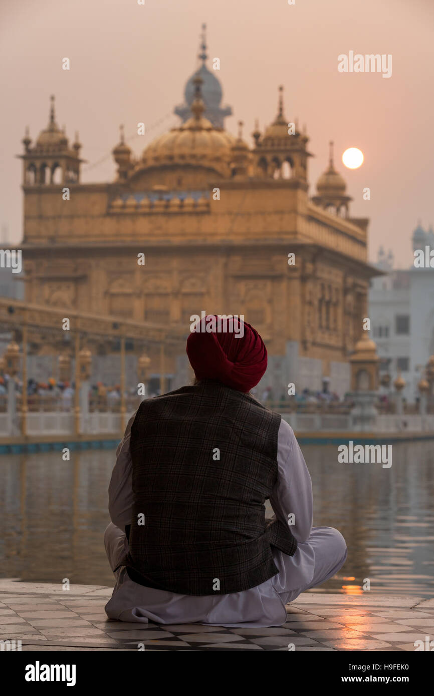 Un pèlerin Sikh en face du Golden Temple, Amritsar, Punjab, Inde du Nord, Inde Banque D'Images