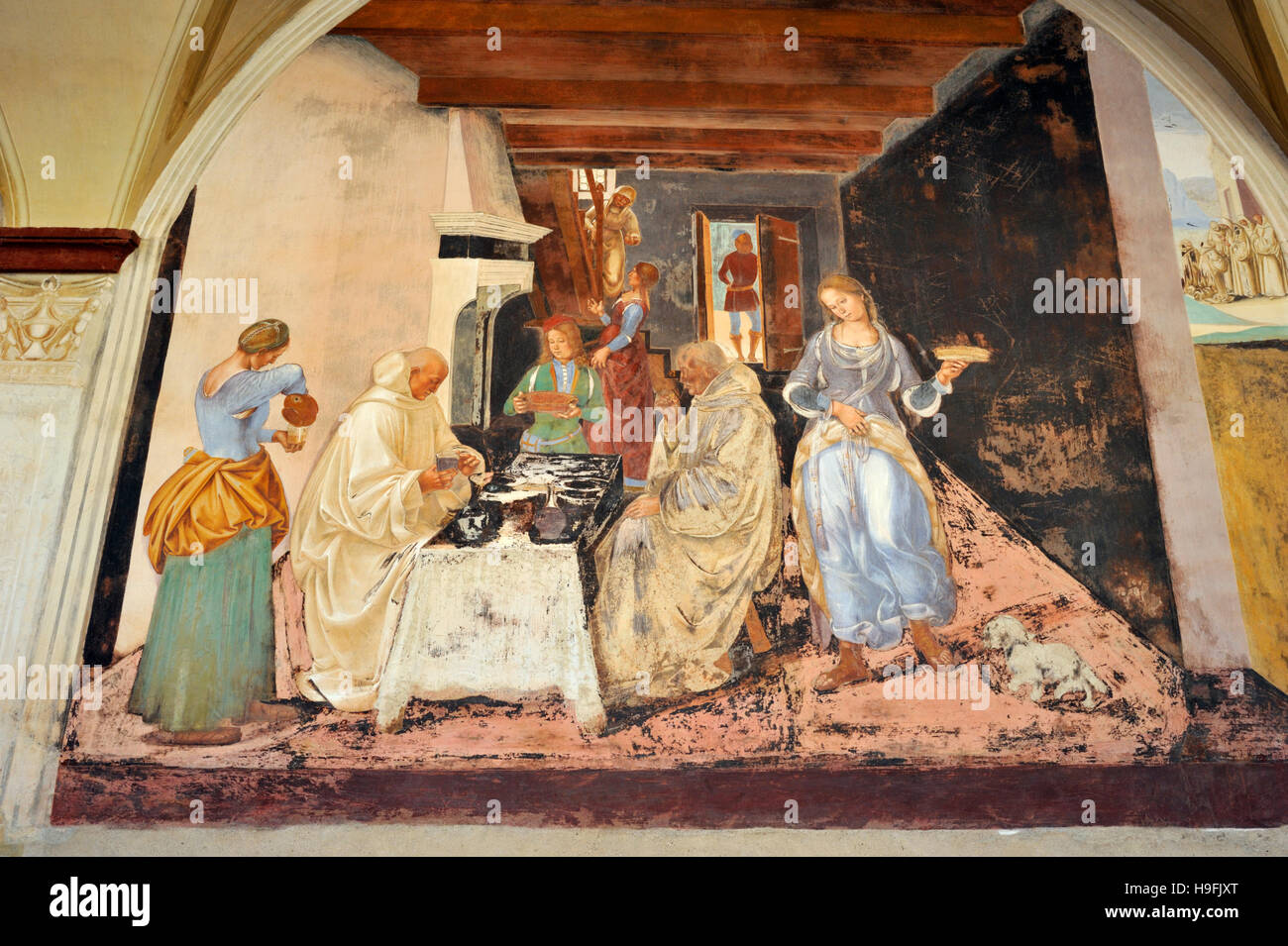 Fresques de la Renaissance, St Benoît LIFE, peinture par Luca Signorelli, côté ouest du Grand cloître, Abbaye de Monte Oliveto Maggiore, Toscane, Italie Banque D'Images