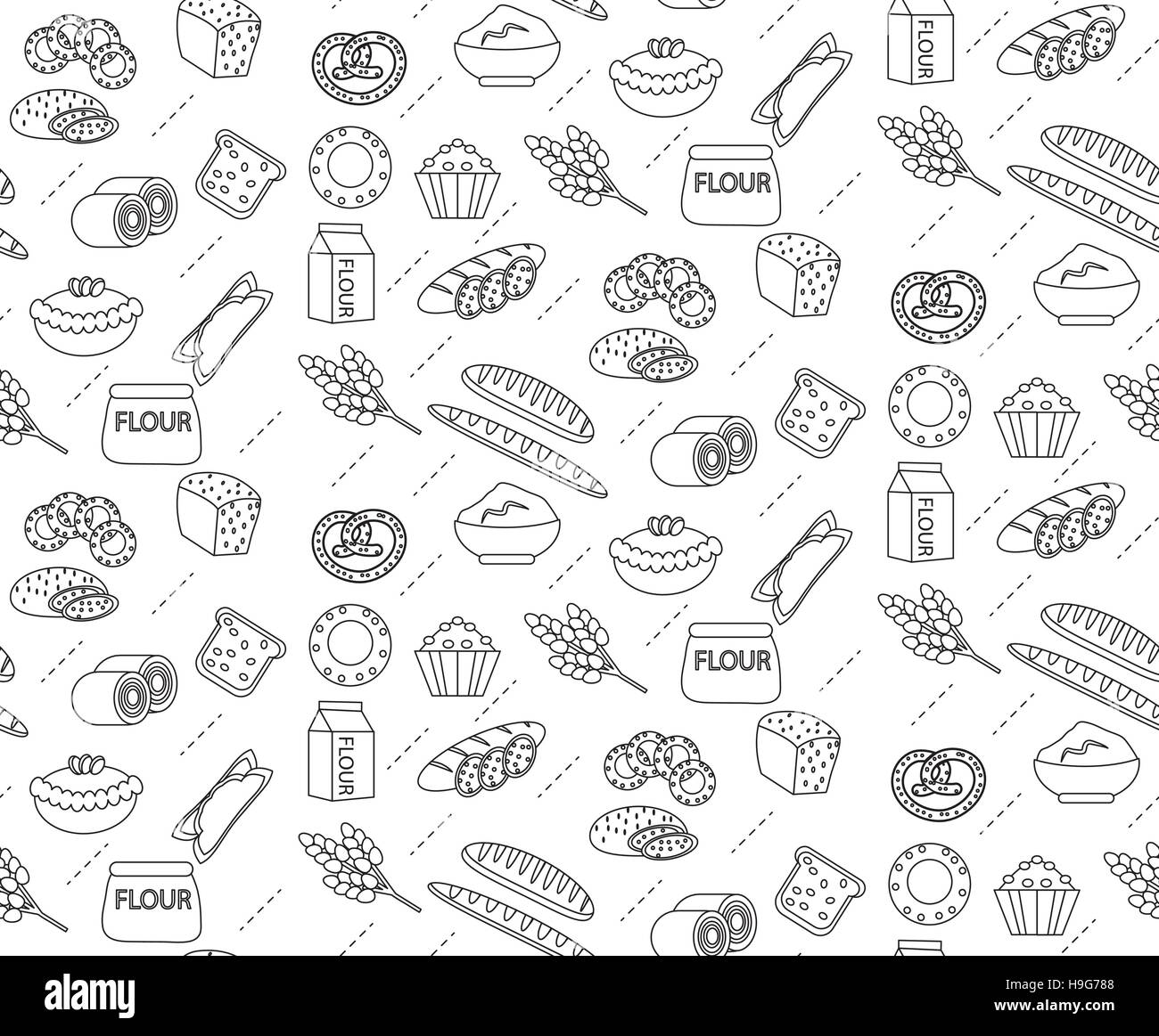 Une boulangerie. Ligne, contour, doodle style. Pain et brioches de texture. Produits de la farine à pâtisserie sans fin. arrière-plan arrière-plan. Vector illustration Illustration de Vecteur