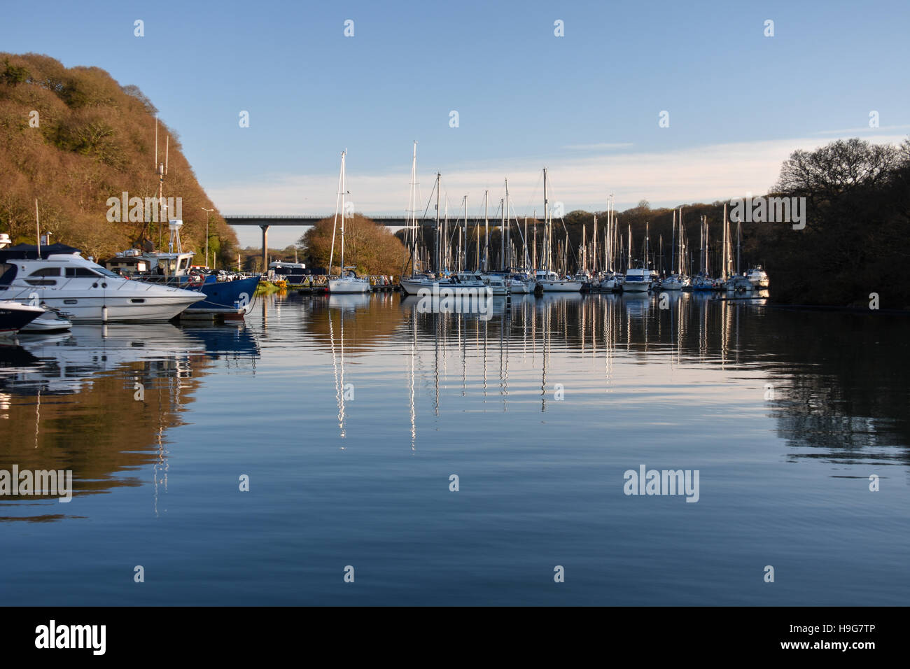 Reflétant des bateaux dans l'eau au port de plaisance de neyland bassin supérieur sur une belle journée avec un ciel bleu avec le Cleddau Bridge Banque D'Images