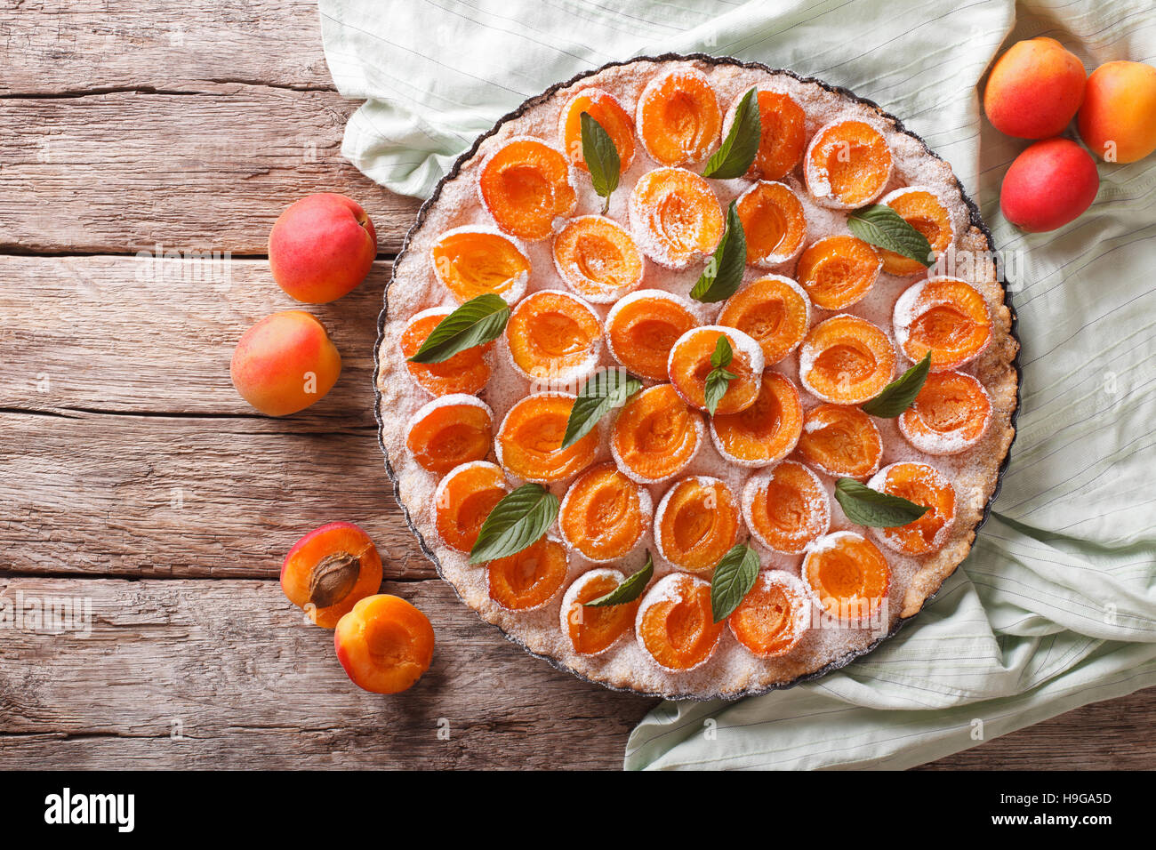 Tarte aux abricots avec du sucre en poudre et la menthe close up dans le plat de cuisson. Vue du dessus horizontale Banque D'Images