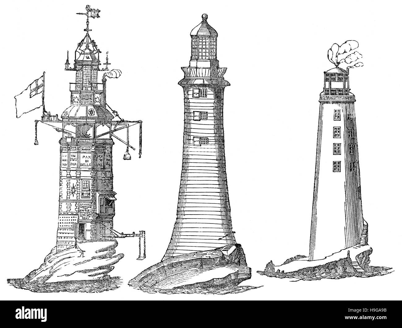 Le phare de Winstanley en 1699, l'altitude de Rudyard's Lighthouse en 1709, le phare sur le récif Eddystone en 1759 par John Smeaton Banque D'Images