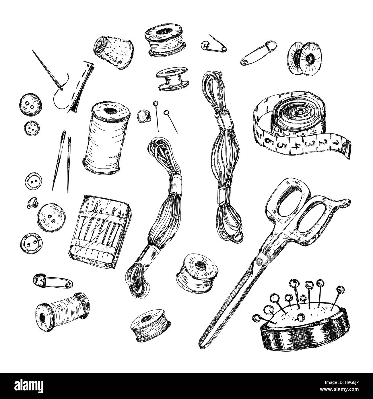 Vector set : collection de manière très détaillée la couture et le tricot à la main des outils. Banque D'Images