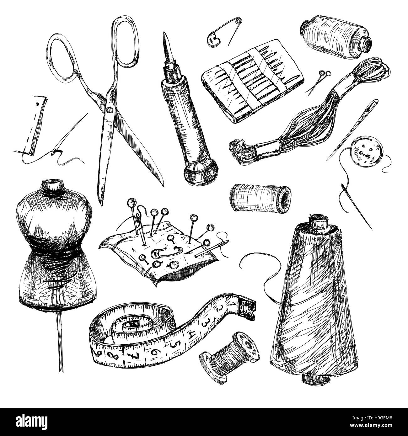 Vector set : collection de manière très détaillée la couture et le tricot à la main des outils. Banque D'Images