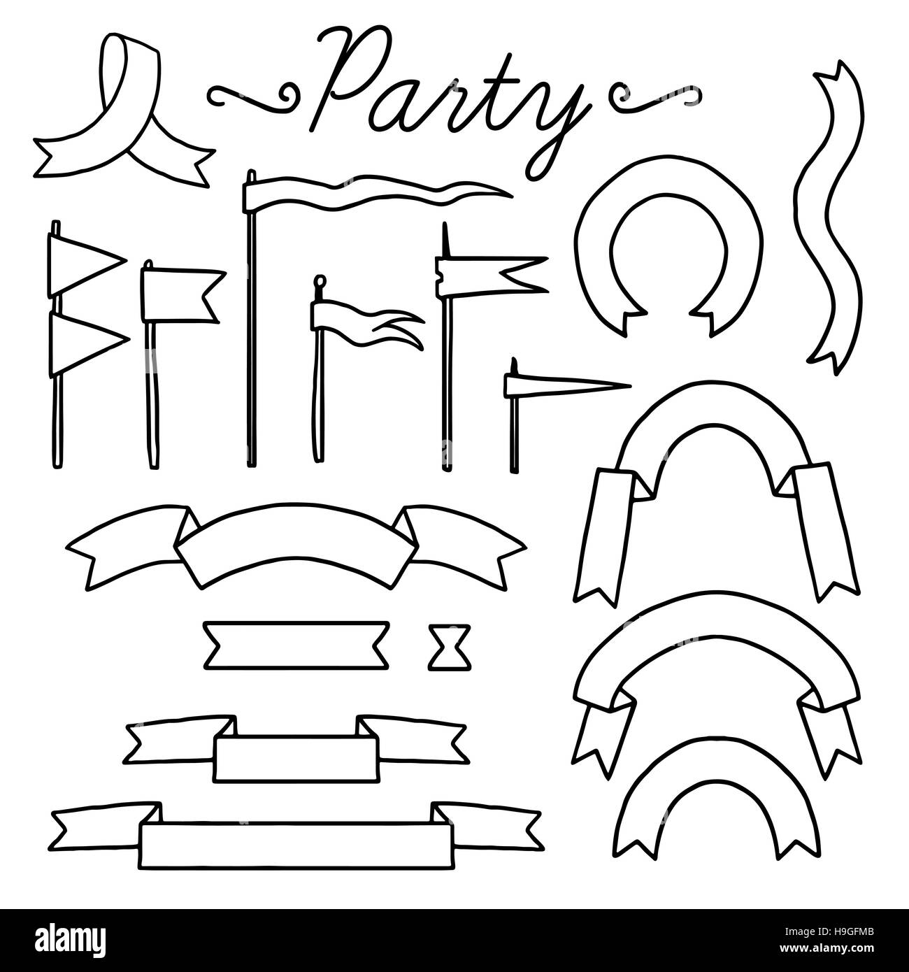 Ensemble d'éléments en noir et blanc vectoriel pour partie et Anniversaire isolé sur fond blanc. Cute Vector elements pour la fête, mariage, anniversaire Illustration de Vecteur