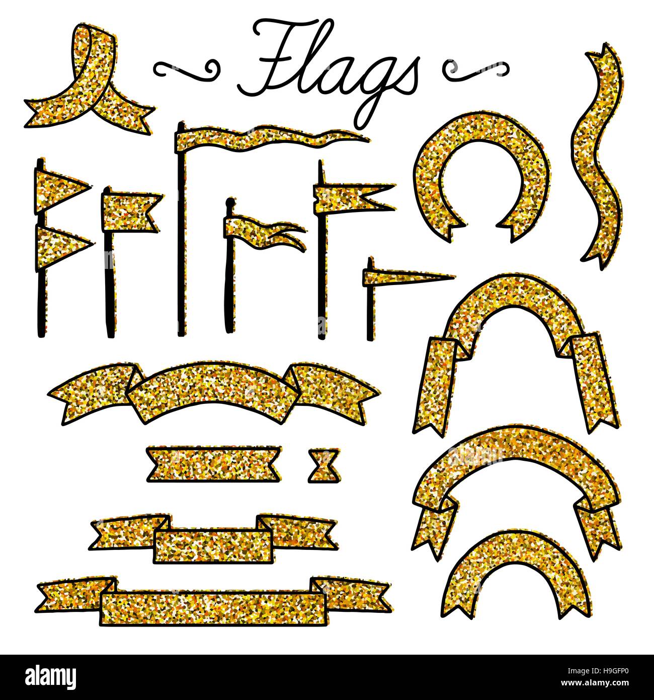 Ensemble d'éléments du vecteur avec gold glitter isolé sur fond blanc. Cute Vector elements pour la fête, mariage, anniversaire, cartes postales, invitations Illustration de Vecteur