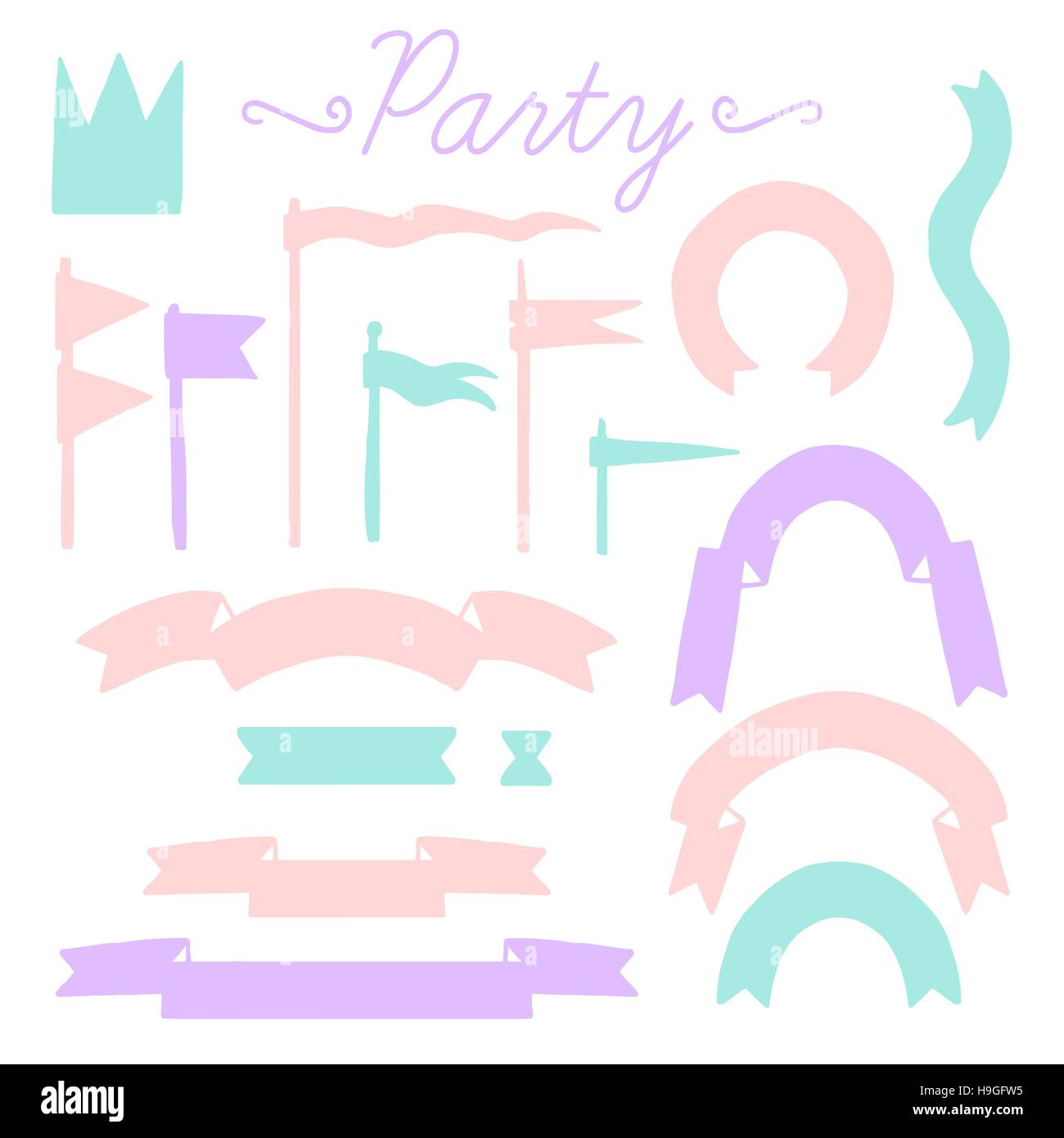 Ensemble d'éléments colorés de vecteur pour partie et Anniversaire isolé sur fond blanc. Cute Vector elements pour la fête, mariage, anniversaire, cartes postales Illustration de Vecteur