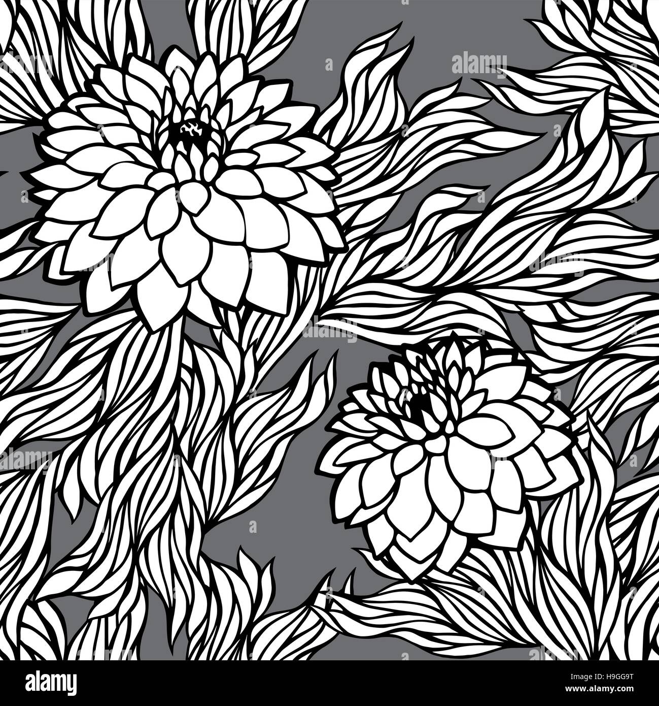 Seamless Vector modèle floral monochrome noir et blanc dans un style rétro vintage pivoine ; aster ; chrysanthème ; dahlia pour papier peint, carte postale, imprimer, t Illustration de Vecteur