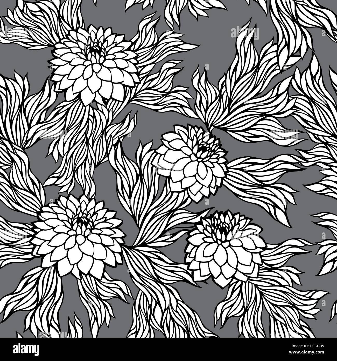 Seamless Vector modèle floral monochrome noir et blanc dans un style rétro vintage pivoine ; aster ; chrysanthème ; dahlia pour papier peint, carte postale, imprimer, t Illustration de Vecteur