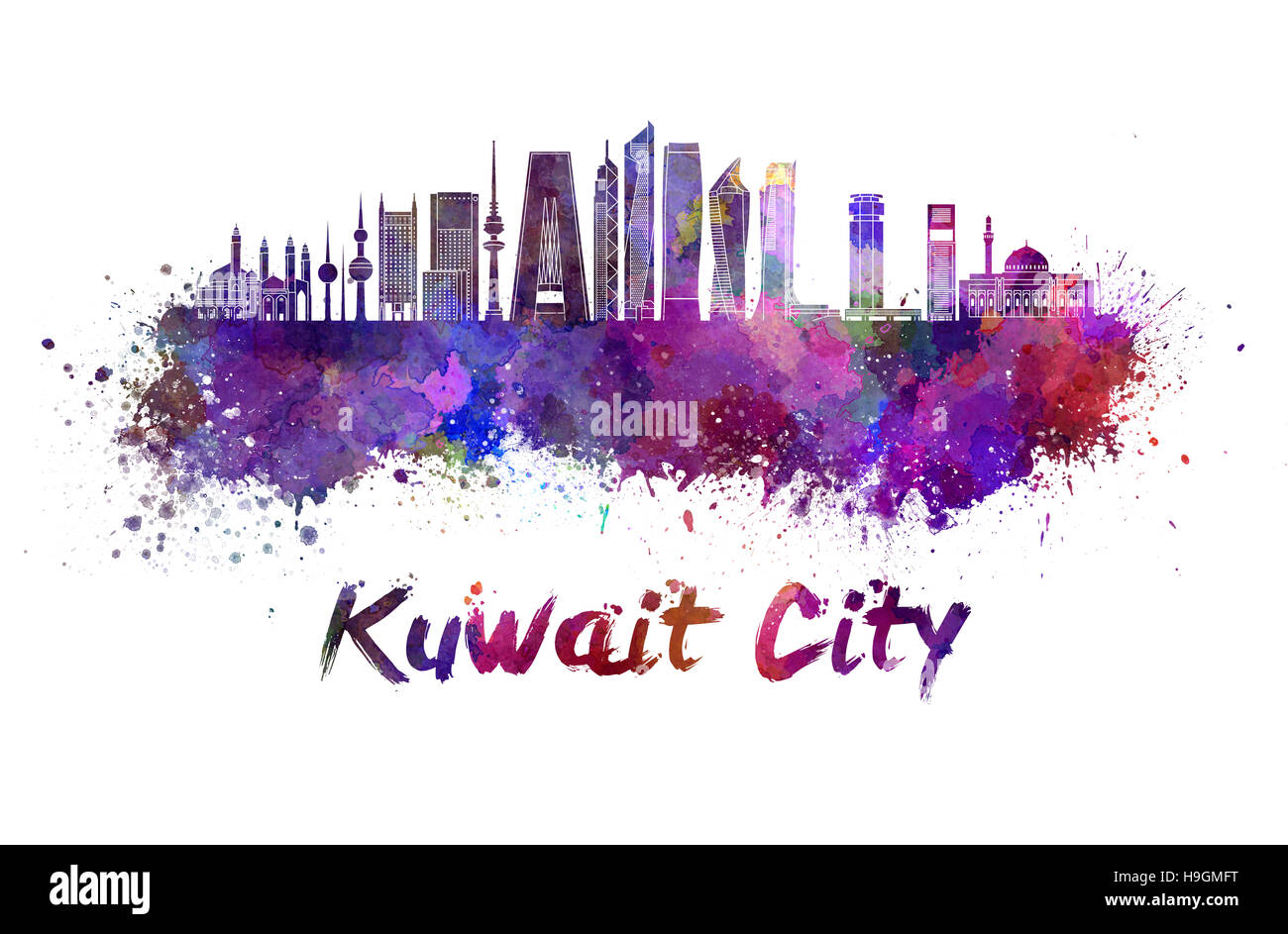 Koweït City skyline V2 à l'aquarelle des éclaboussures avec clipping path Banque D'Images
