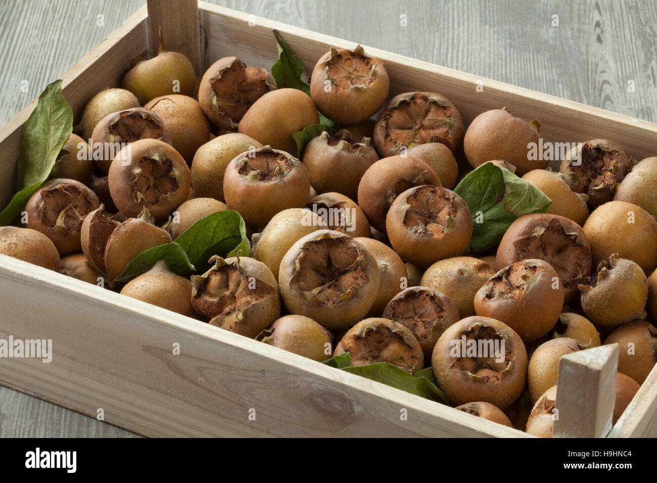 Medlars a dans un coffre en bois Banque D'Images